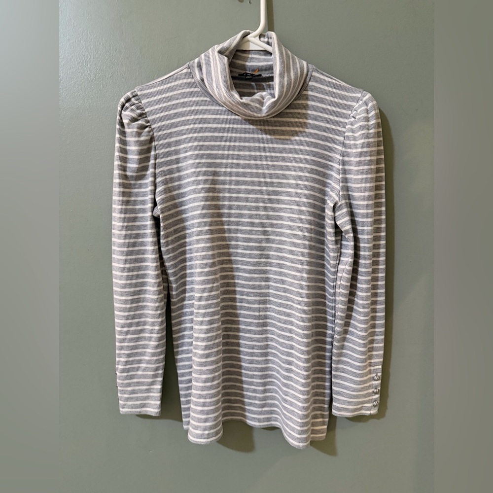 Talbots Petite Gray Striped Sweater size medium high neck button detail to cuff
